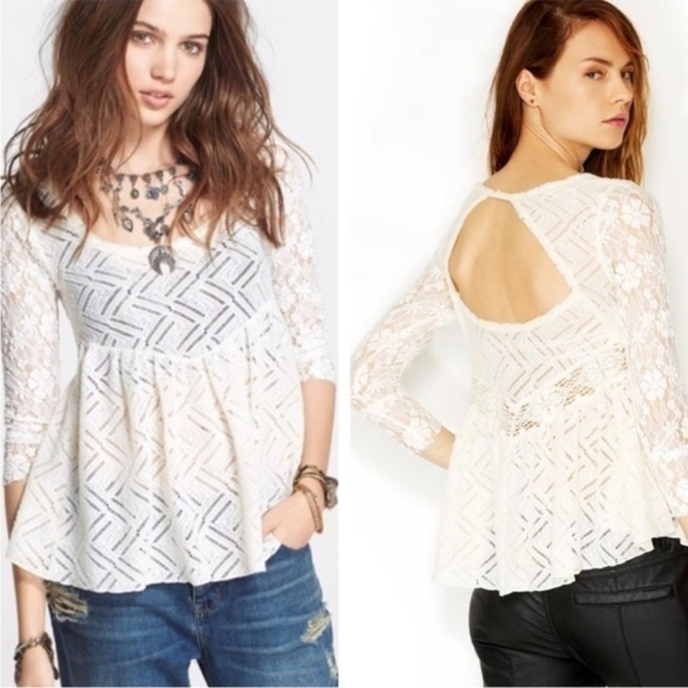 Free People White Lace Gracie Floral Peplum Ivory Boho Keyhole Cutout Back